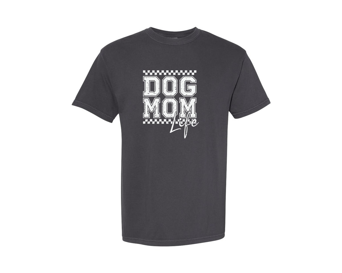 brand:Comfort Colors|color:Graphite|Dog Mom Life Retro Checkered Dog Mom Graphic T-Shirt