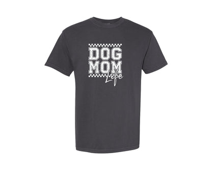 brand:Comfort Colors|color:Graphite|Dog Mom Life Retro Checkered Dog Mom Graphic T-Shirt