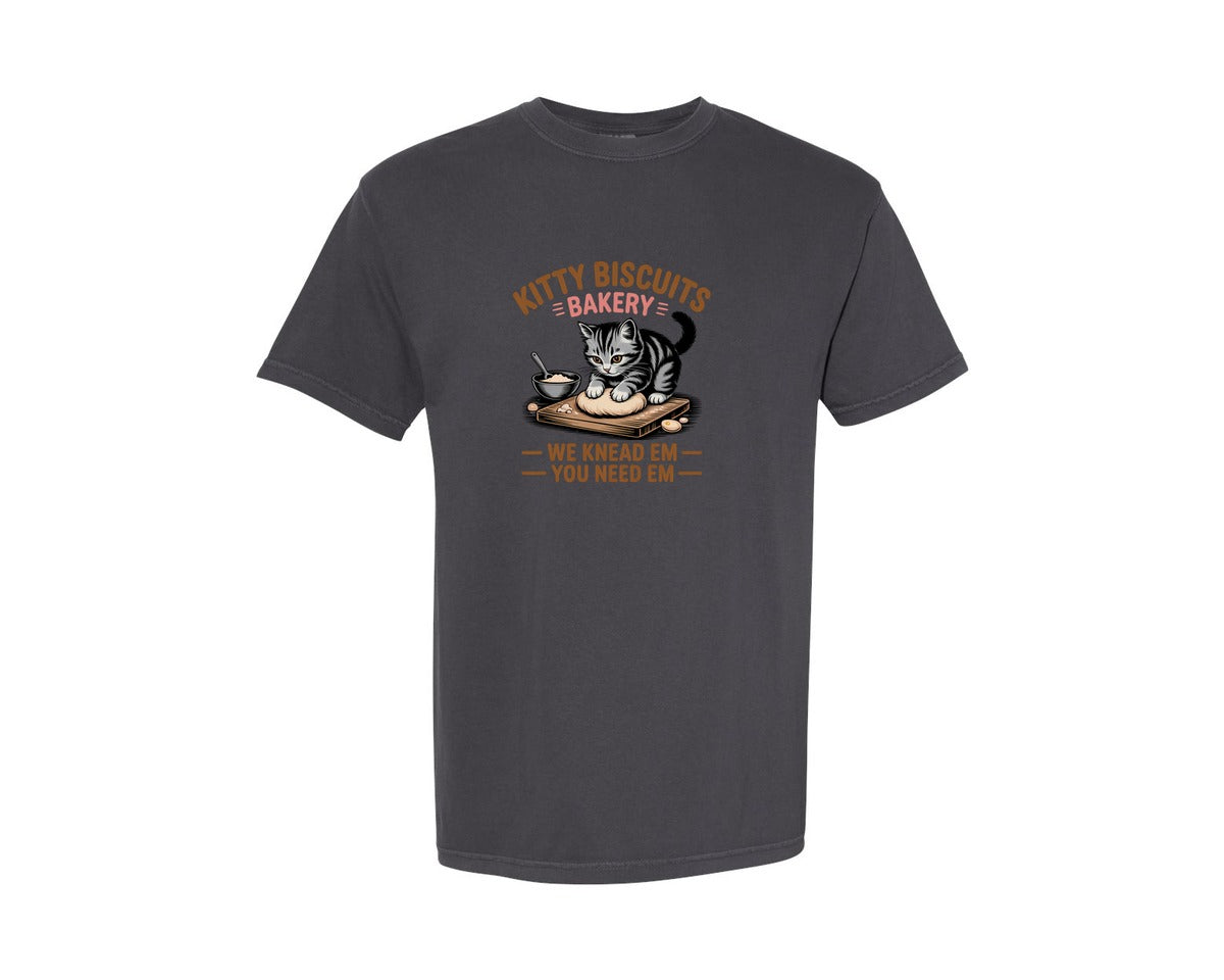 brand:Comfort Colors|color:Graphite|Kitty Biscuits Bakery Cat Kneading Graphic T-Shirt