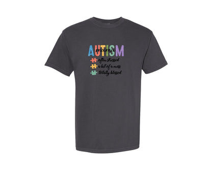brand:Comfort Colors|color:Graphite|Retro Autism Mama Blessed Stressed Shirt Graphic T-Shirt