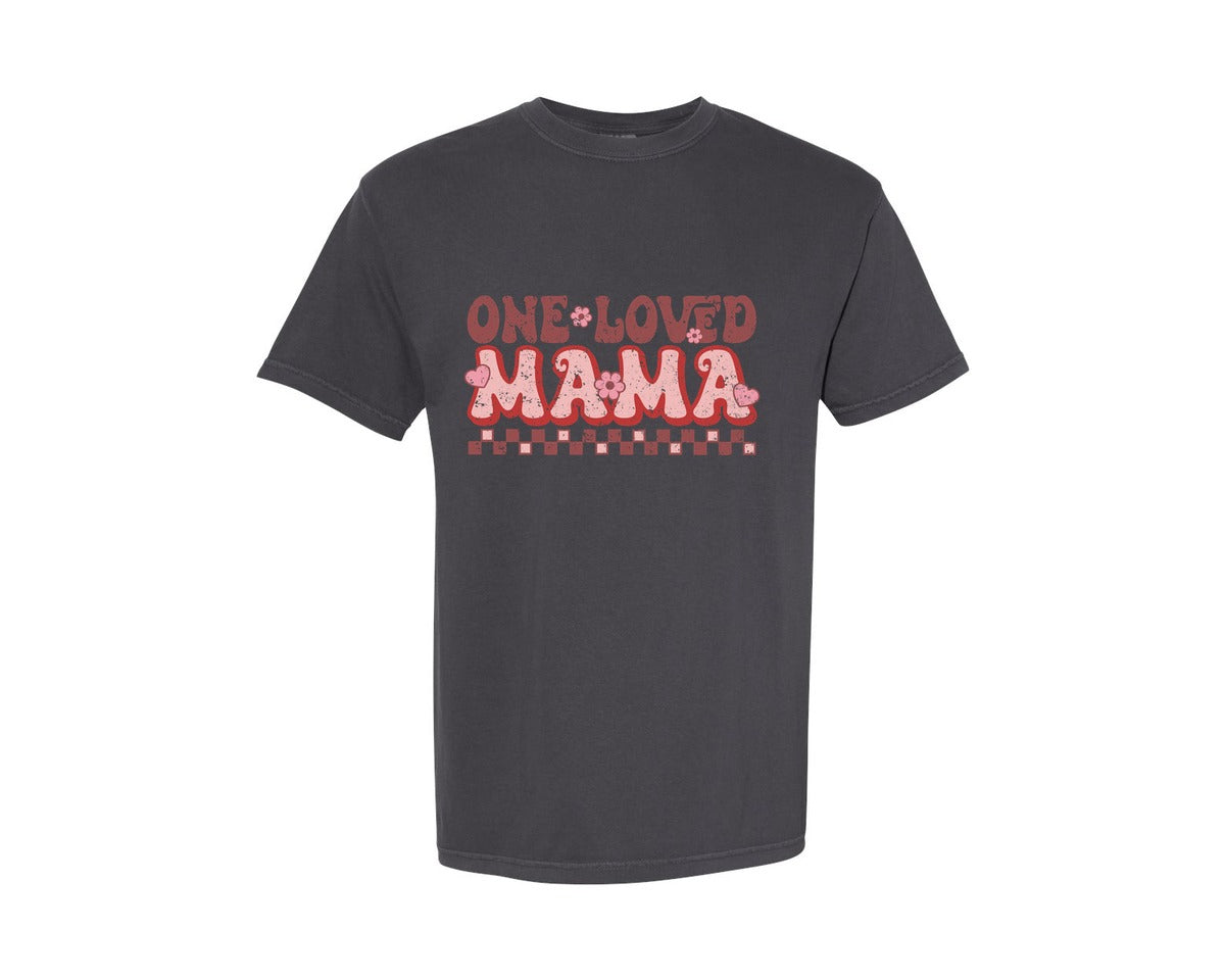 brand:Comfort Colors|color:Graphite|One Loved Mama Mom Retro Valentine Graphic T-Shirt