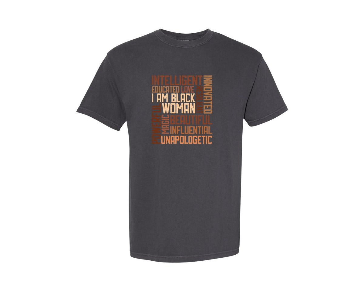 brand:Comfort Colors|color:Graphite|Intelligent I Am Black Woman Design Graphic T-Shirt