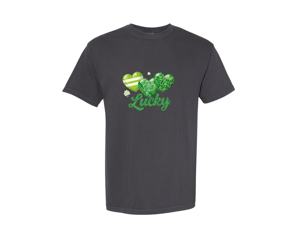 brand:Comfort Colors|color:Graphite|Lucky Shamrock Heart Charm Love Graphic T-Shirt