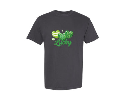 brand:Comfort Colors|color:Graphite|Lucky Shamrock Heart Charm Love Graphic T-Shirt