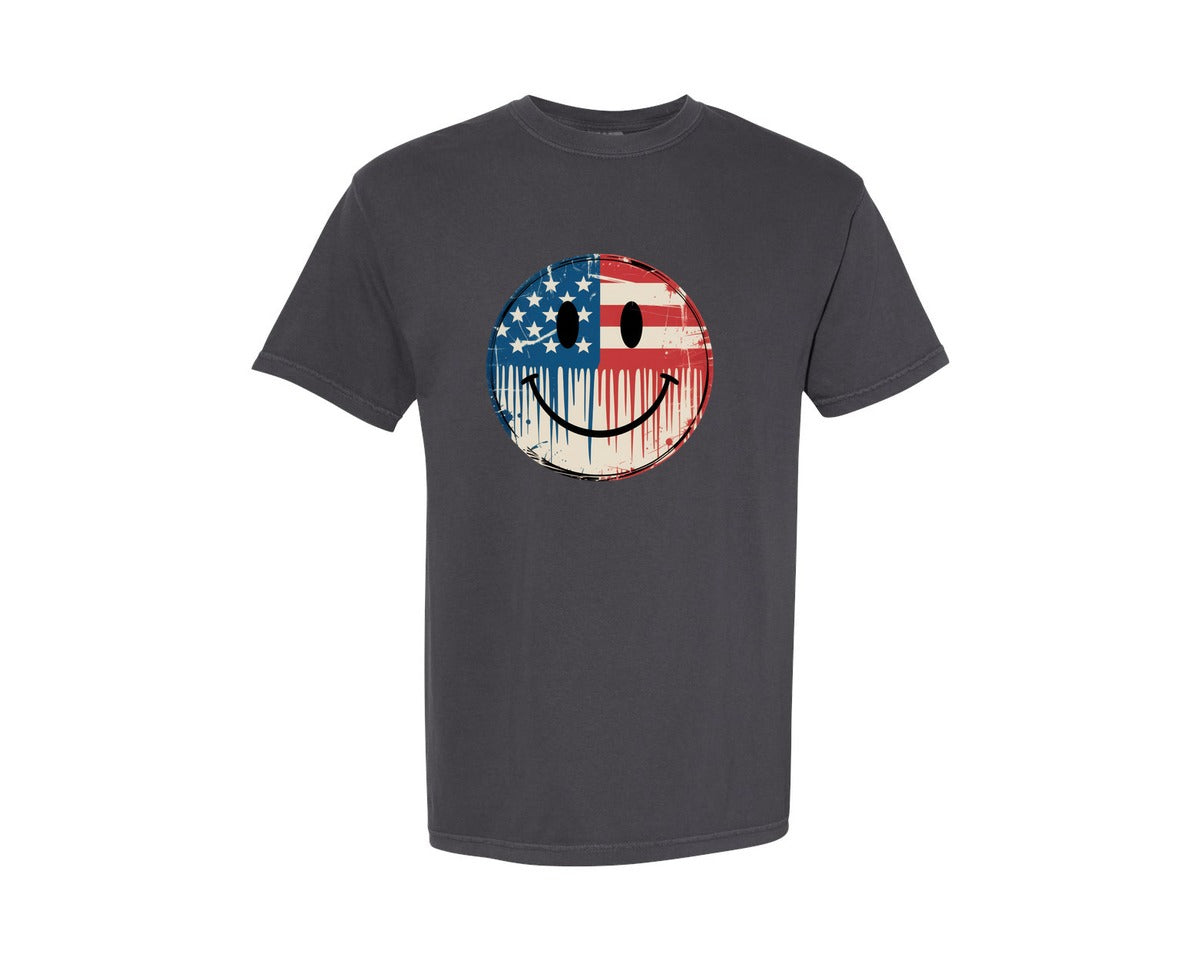 brand:Comfort Colors|color:Graphite|Vintage American Flag Smiley Face Graphic T-Shirt