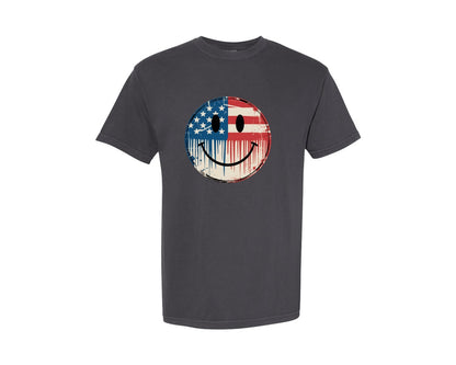 brand:Comfort Colors|color:Graphite|Vintage American Flag Smiley Face Graphic T-Shirt