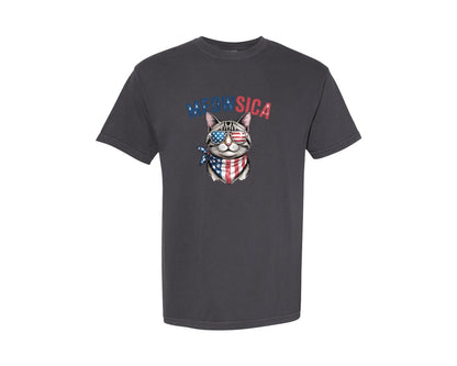 brand:Comfort Colors|color:Graphite|Meowsica America Patriotic Cat Graphic T-Shirt