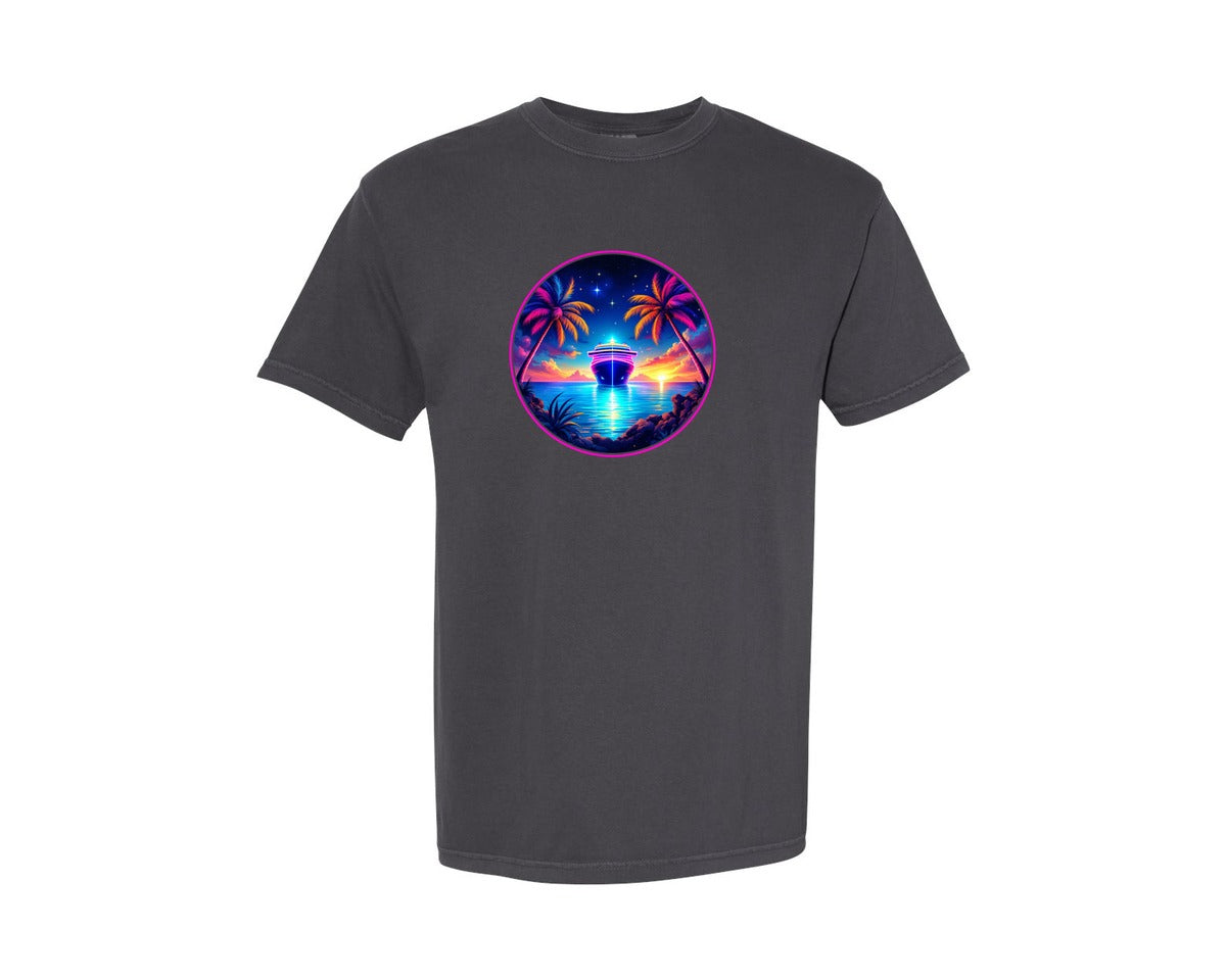 brand:Comfort Colors|color:Graphite|Neon Palm Tree Cruise Ship Graphic T-Shirt