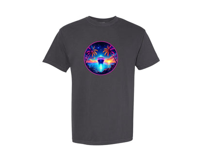 brand:Comfort Colors|color:Graphite|Neon Palm Tree Cruise Ship Graphic T-Shirt