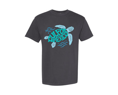 brand:Comfort Colors|color:Graphite|Gulf Of Mexico Word Art Turtle Graphic T-Shirt