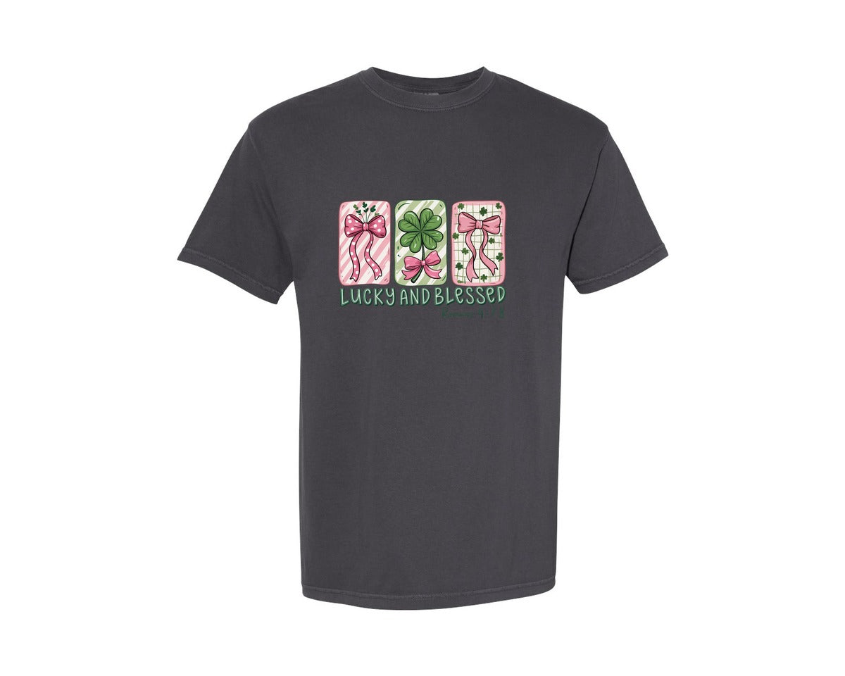 brand:Comfort Colors|color:Graphite|Lucky And Blessed Retro Patrick Graphic T-Shirt