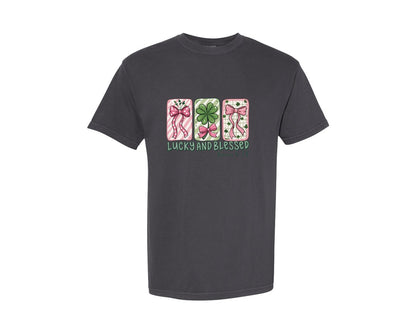 brand:Comfort Colors|color:Graphite|Lucky And Blessed Retro Patrick Graphic T-Shirt