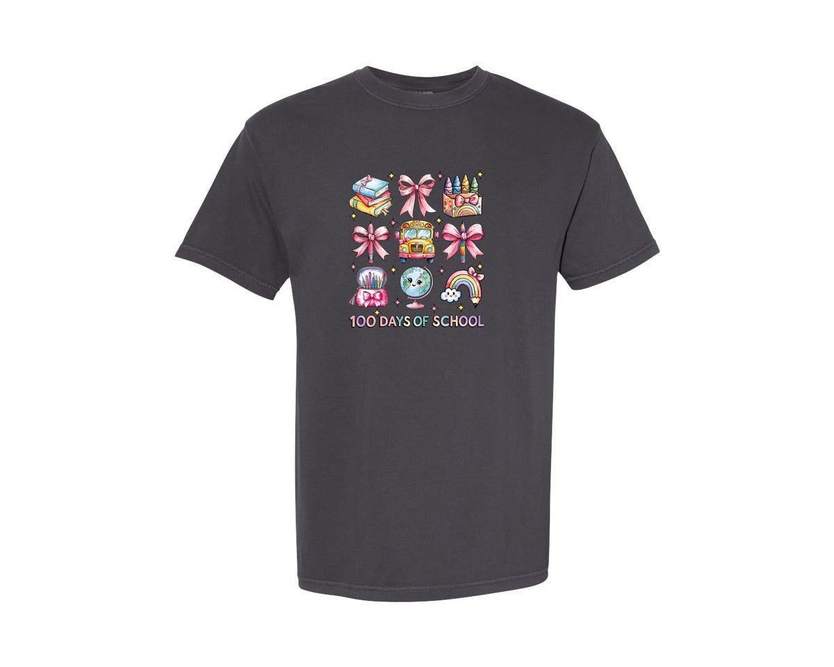 brand:Comfort Colors|color:Graphite|100 Days Of School Rainbow Pencil Graphic T-Shirt