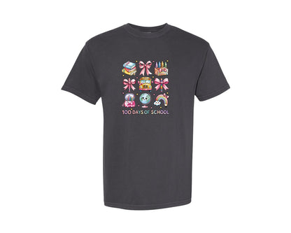brand:Comfort Colors|color:Graphite|100 Days Of School Rainbow Pencil Graphic T-Shirt