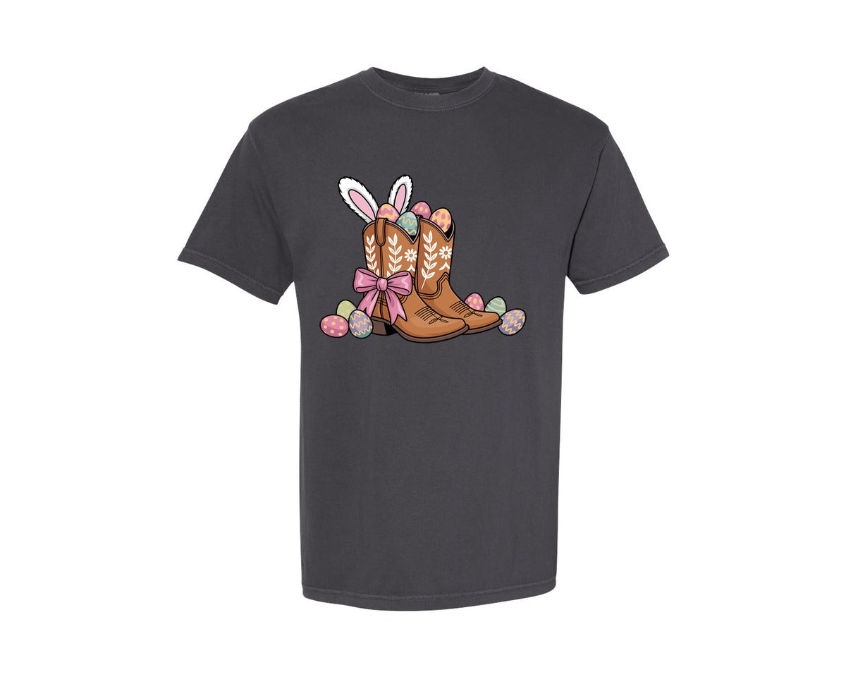 brand:Comfort Colors|color:Graphite|Cowboy Boots Easter Graphic T-Shirt