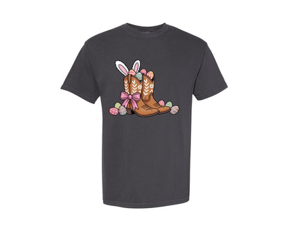 brand:Comfort Colors|color:Graphite|Cowboy Boots Easter Graphic T-Shirt