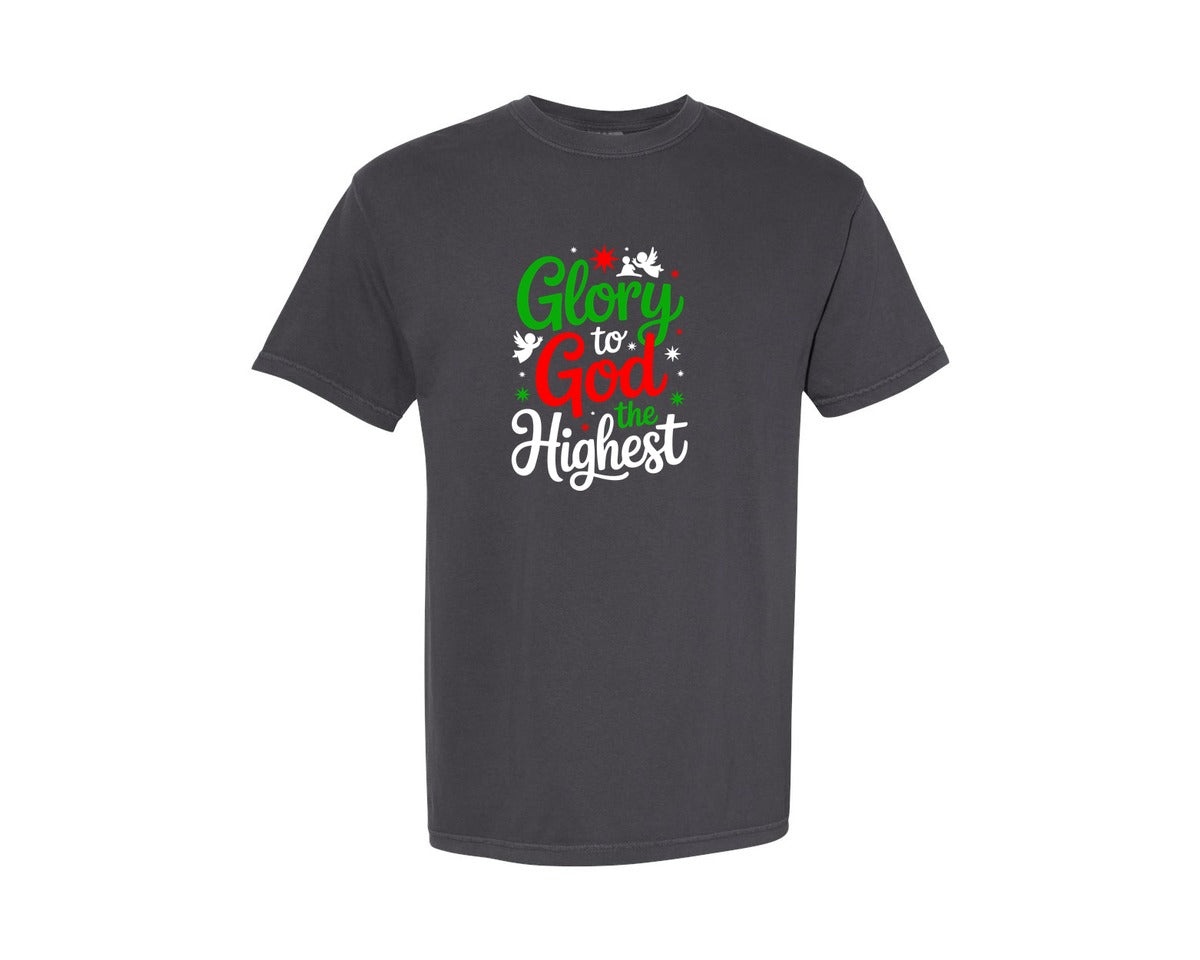 brand:Comfort Colors|color:Graphite|Glory To God The Highest Christian Shirt Graphic T-Shirt