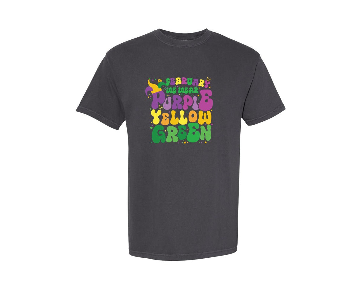 brand:Comfort Colors|color:Graphite|In February We Wear Mardi Gras Graphic T-Shirt