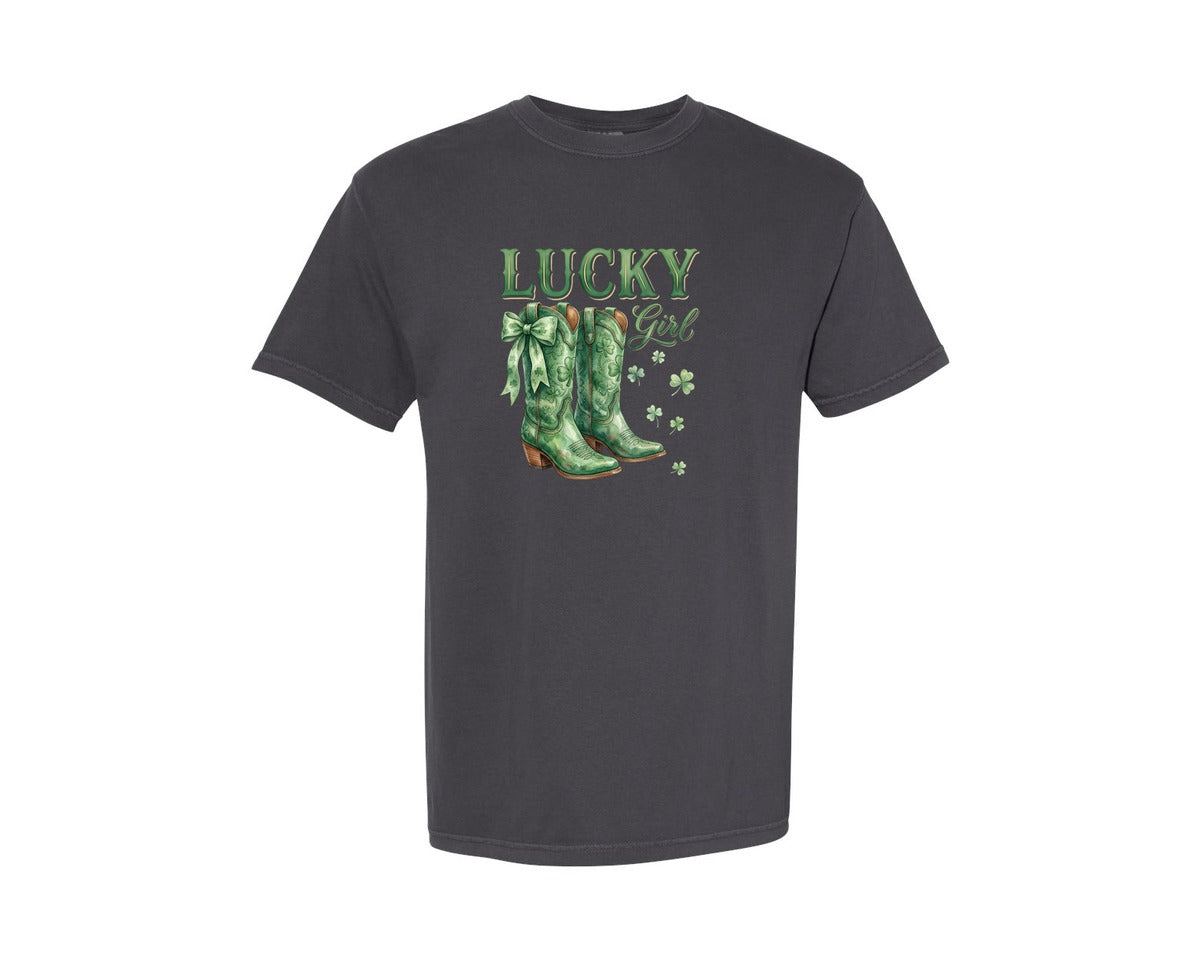 brand:Comfort Colors|color:Graphite|Lucky Girl St Patricks Cowgirl Boot Graphic T-Shirt