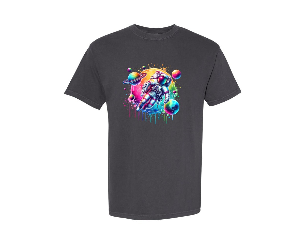brand:Comfort Colors|color:Graphite|Colorful Neon Astronaut Planets 2 Graphic T-Shirt