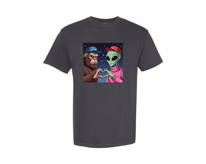 brand:Comfort Colors|color:Graphite|Bigfoot And Alien Heart Hands Graphic T-Shirt