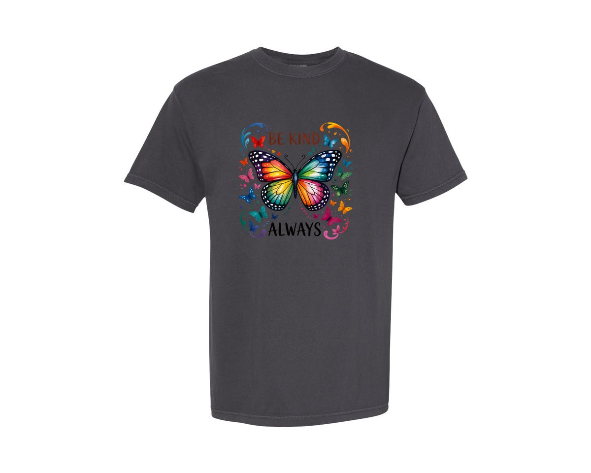 brand:Comfort Colors|color:Graphite|Be Kind Always Colorful Butterflies Graphic T-Shirt