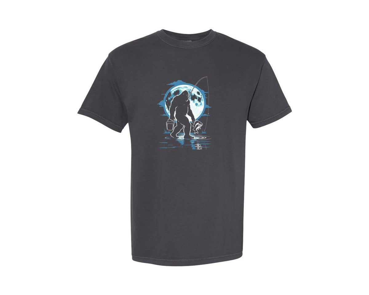 brand:Comfort Colors|color:Graphite|Bigfoot Fishing In Moonlight Sasquatch Graphic T-Shirt