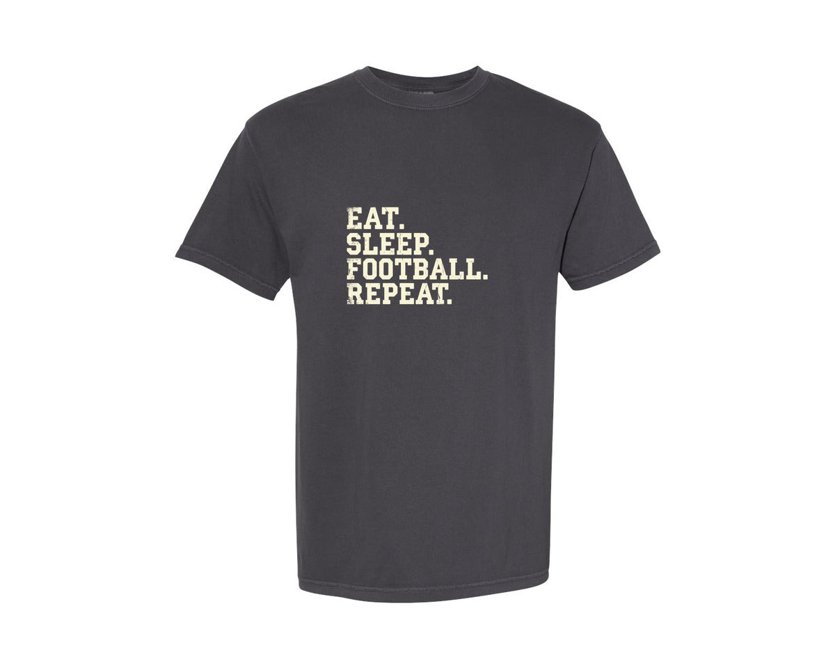 brand:Comfort Colors|color:Graphite|Eat Sleep Football Repeat Distressed Graphic T-Shirt