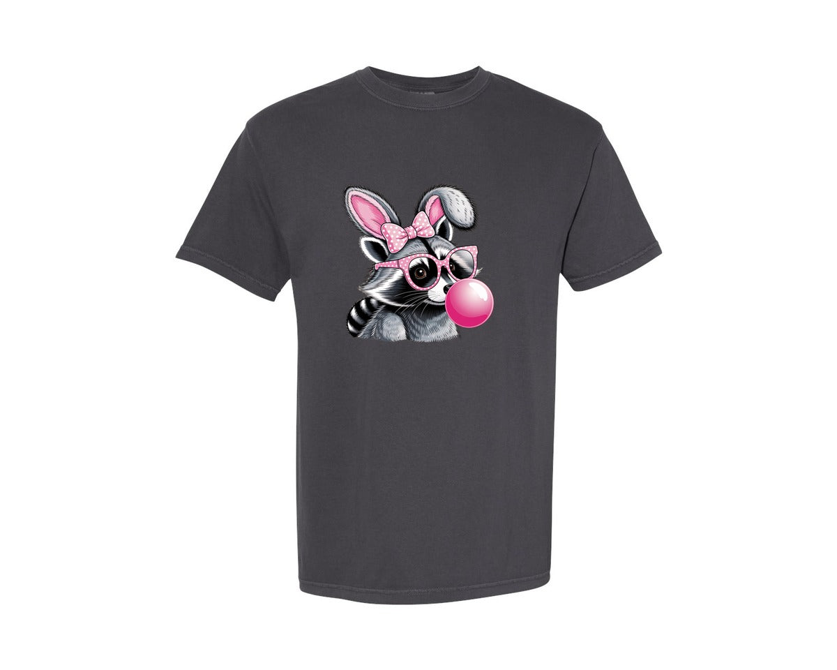 brand:Comfort Colors|color:Graphite|Cute Raccoon With Glasses Bubble Gum 6 Graphic T-Shirt