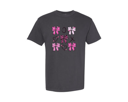 brand:Comfort Colors|color:Graphite|Coquette Pink Bow Ribbons Xoxo Graphic T-Shirt