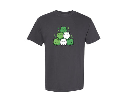 brand:Comfort Colors|color:Graphite|St Patricks Cute Green Cat Stack Graphic T-Shirt
