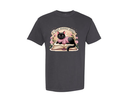 brand:Comfort Colors|color:Graphite|I Read Banned Books Cat Lover Design 6 Graphic T-Shirt