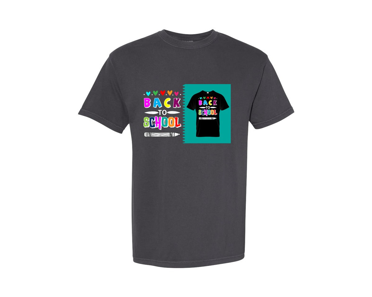 brand:Comfort Colors|color:Graphite|Colorful Back To School Text With Pencil Graphic T-Shirt
