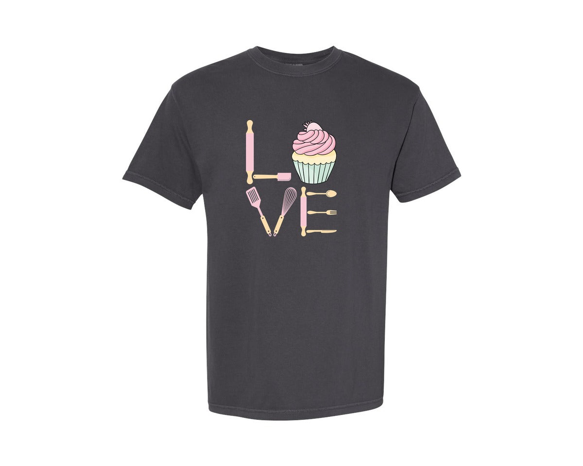 brand:Comfort Colors|color:Graphite|Baking Love Cupcake Whisk Spatula Graphic T-Shirt