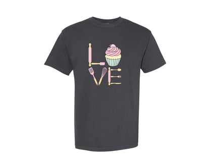 brand:Comfort Colors|color:Graphite|Baking Love Cupcake Whisk Spatula Graphic T-Shirt