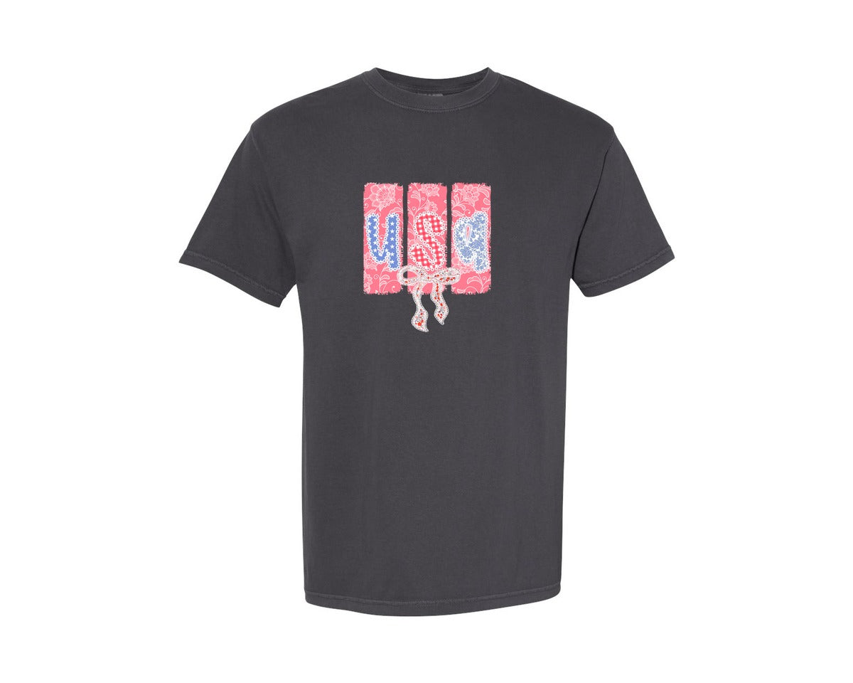 brand:Comfort Colors|color:Graphite|Preppy Usa 4Th Of July Lace Graphic T-Shirt