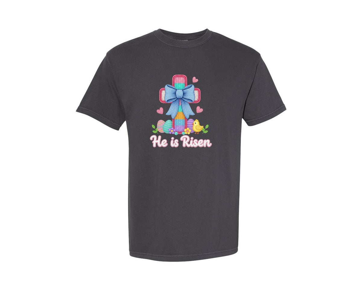 brand:Comfort Colors|color:Graphite|Crochet He Is Risen Easter Day Graphic T-Shirt