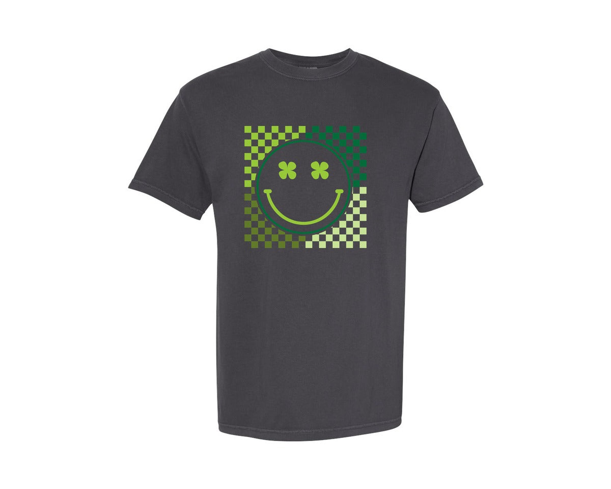 brand:Comfort Colors|color:Graphite|St Patricks Clover Smiley Saint Graphic T-Shirt