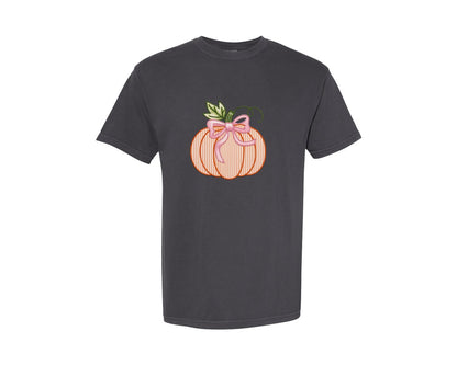 brand:Comfort Colors|color:Graphite|Preppy Pumpkin Bow Faux Embroidery Graphic T-Shirt