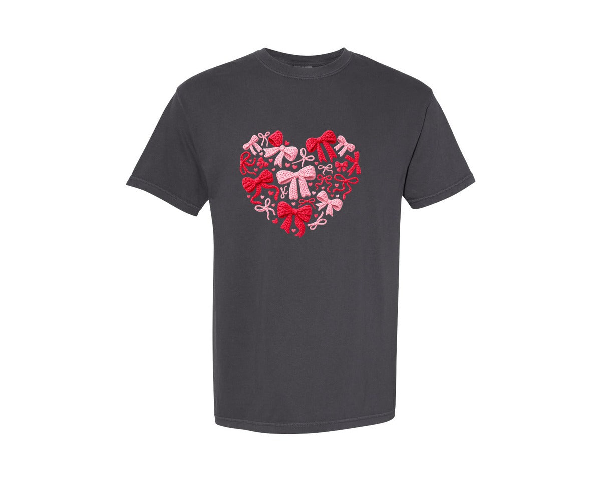 brand:Comfort Colors|color:Graphite|Crochet Bow Valentine Heart Graphic T-Shirt