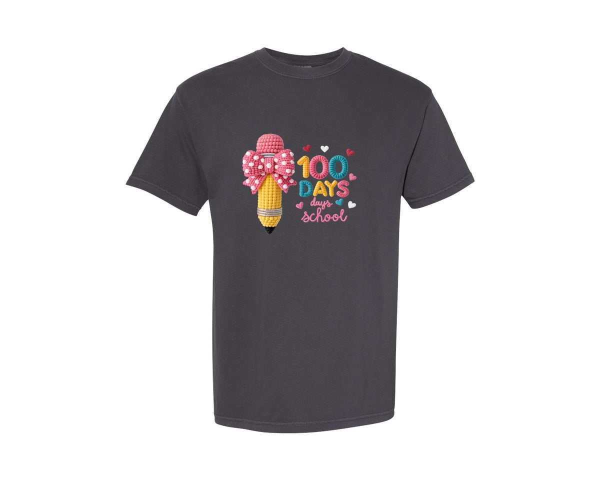 brand:Comfort Colors|color:Graphite|100 Days Of School Faux Yarn Pencil Graphic T-Shirt