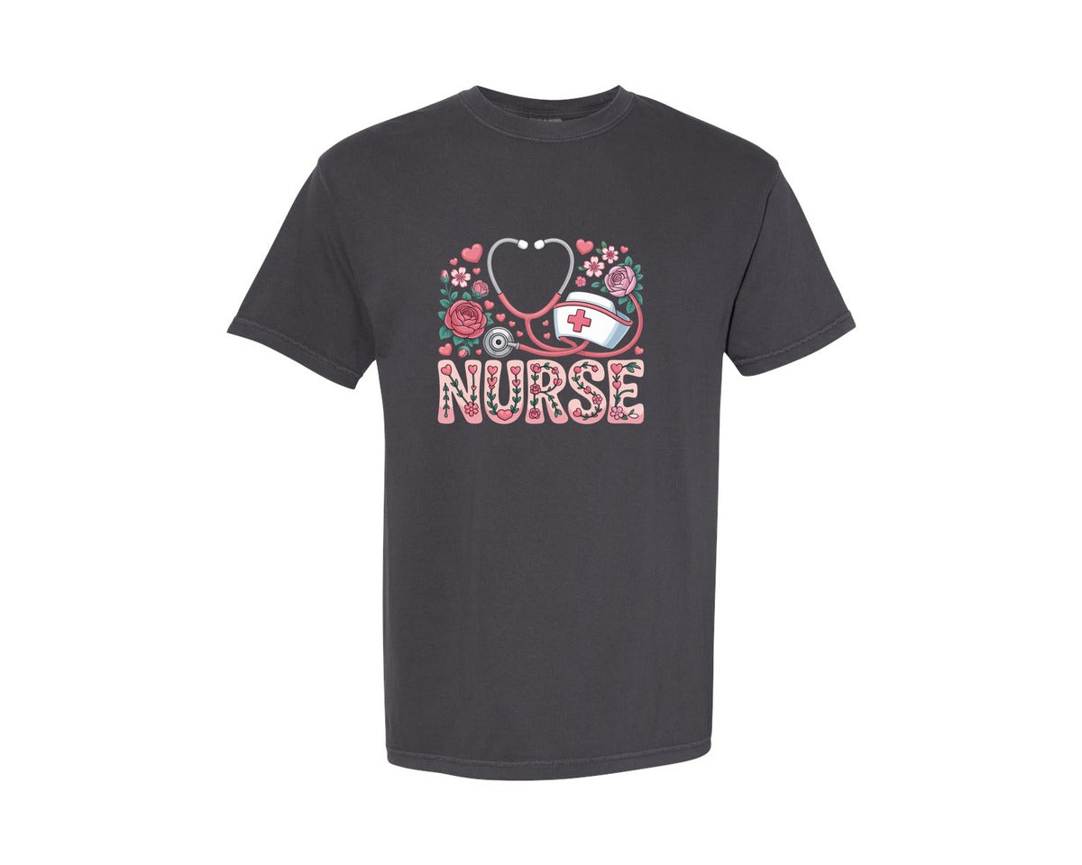 brand:Comfort Colors|color:Graphite|Floral Stethoscope Medical Love T Shirt Graphic T-Shirt