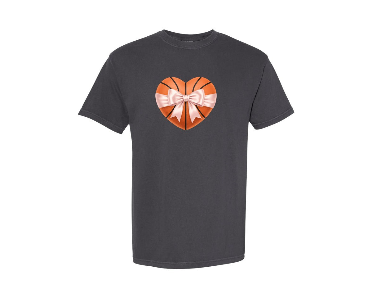 brand:Comfort Colors|color:Graphite|Heart Shape Basketball Coquette Bow Graphic T-Shirt