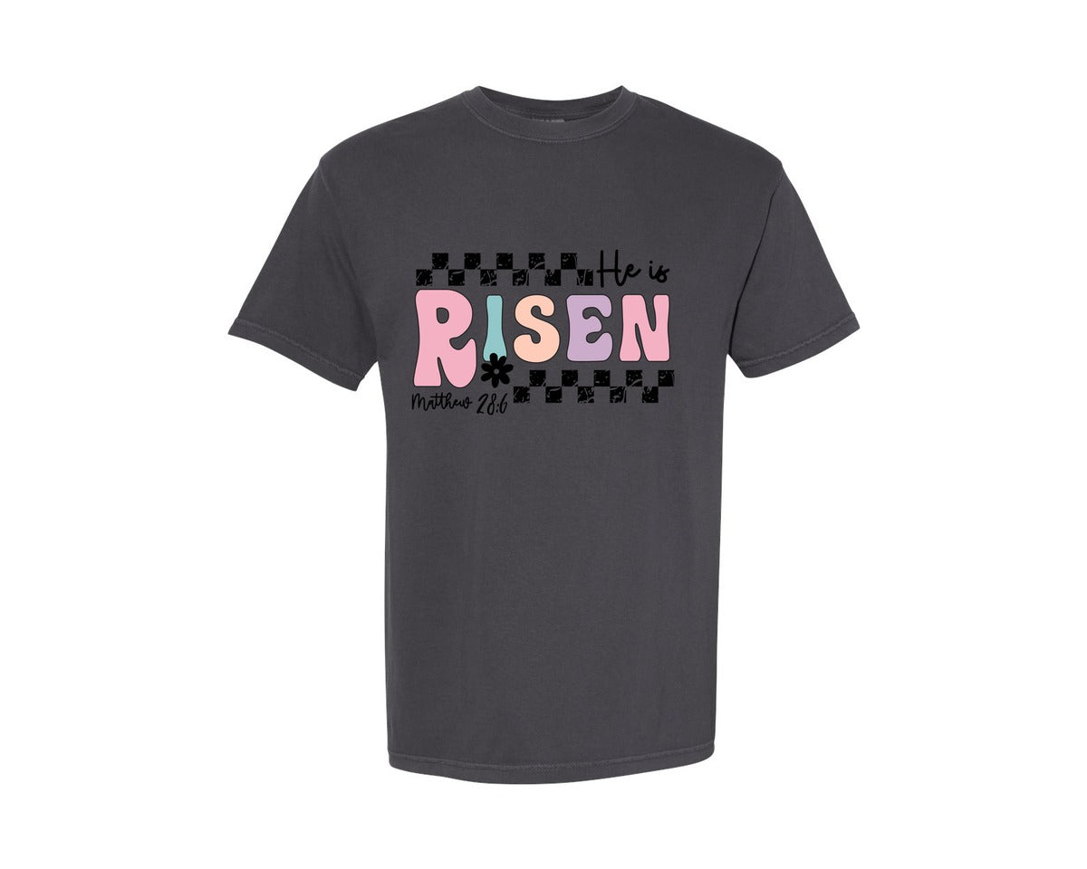 brand:Comfort Colors|color:Graphite|Retro He Is Risen Easter Checkered Graphic T-Shirt
