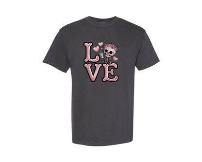 brand:Comfort Colors|color:Graphite|Embroidery Valentine Skeleton Love Graphic T-Shirt