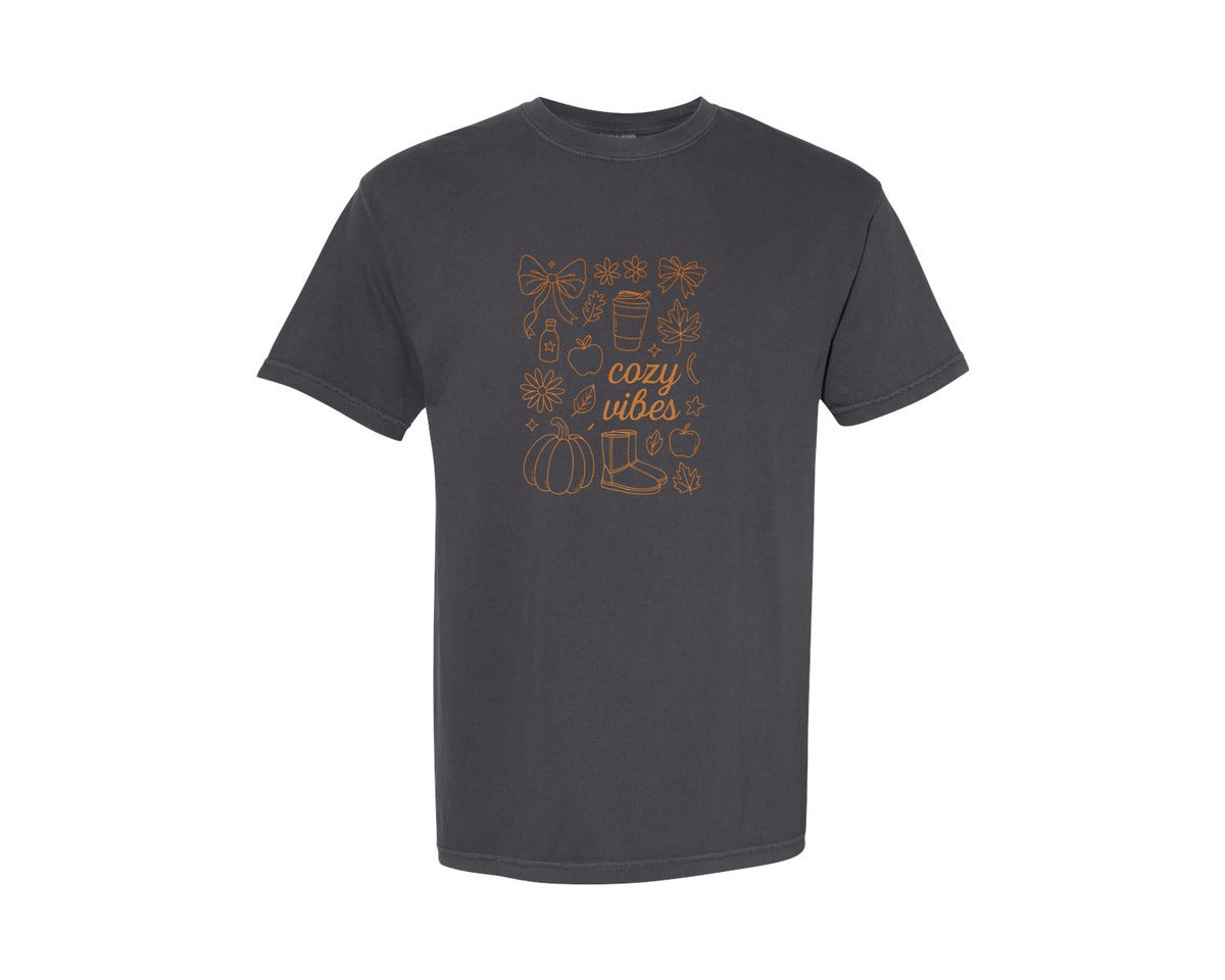brand:Comfort Colors|color:Graphite|Cozy Vibes Preppy Cozy Season Fall Graphic T-Shirt