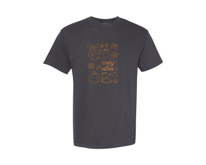brand:Comfort Colors|color:Graphite|Cozy Vibes Preppy Cozy Season Fall Graphic T-Shirt