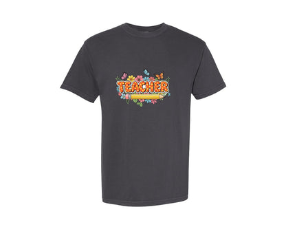 brand:Comfort Colors|color:Graphite|Teacher Wildflowers Boho Teacher 2 Graphic T-Shirt