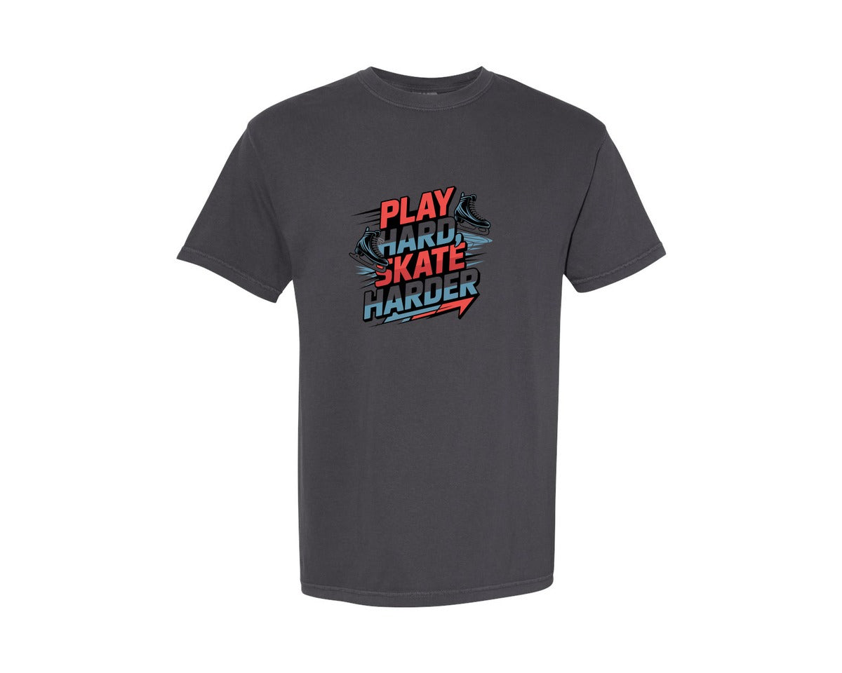 brand:Comfort Colors|color:Graphite|Play Hard Skate Harder Ice Hockey Graphic T-Shirt