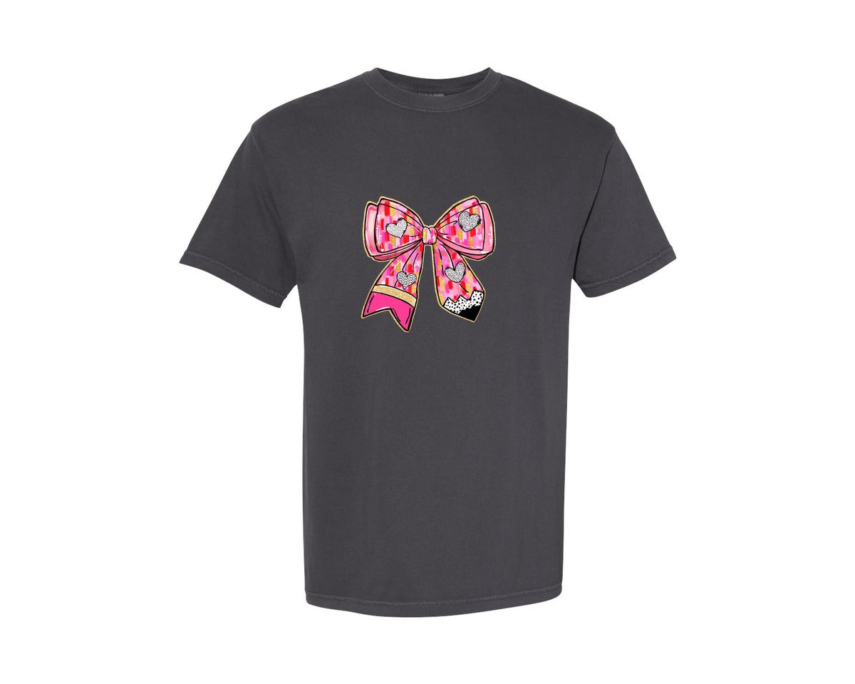 brand:Comfort Colors|color:Graphite|Teacher Pencil Coquette Pink Brushstroke Graphic T-Shirt